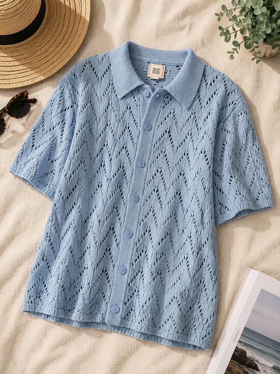 BDG Sweaters - BDG Women's Open Knit Crochet Cardigan Sweater Short Sleeve Powder Blue Size L